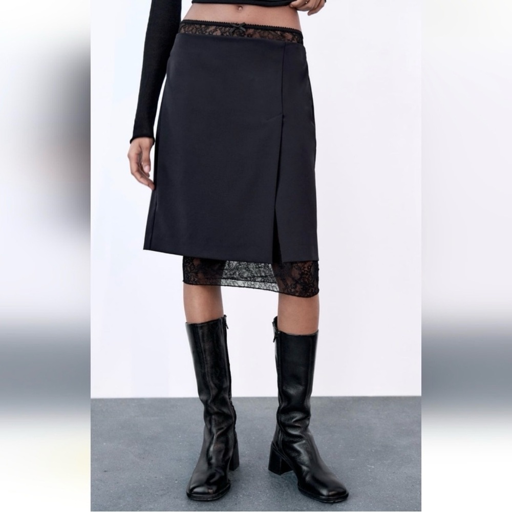 NWT Zara Black 2 in 1 Navy Pencil Skirt with Lace Slip